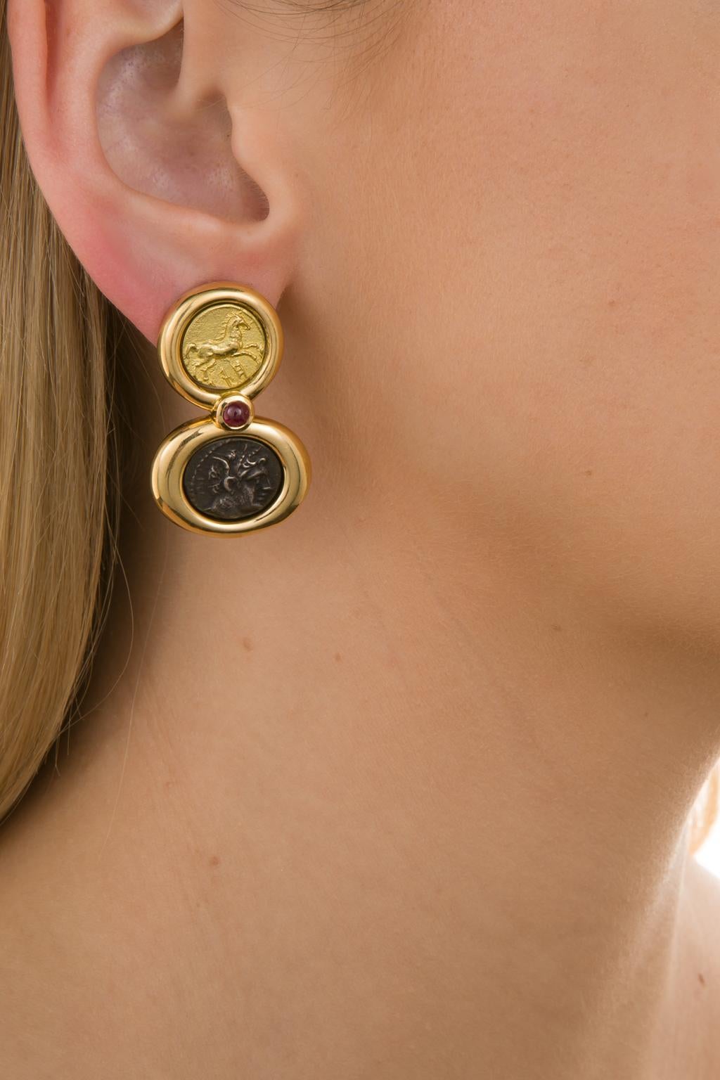22 Karat Gold, Silver French Coin and Ruby Drop Earrings 1