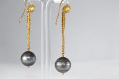 22 Karat Gold Tahitian Pearl Dangle Drop Earrings Contemporary Designer Jewelry