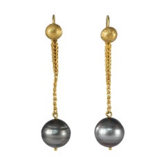 22 Karat Gold Tahitian Pearl Dangle Drop Earrings Contemporary Designer Jewelry