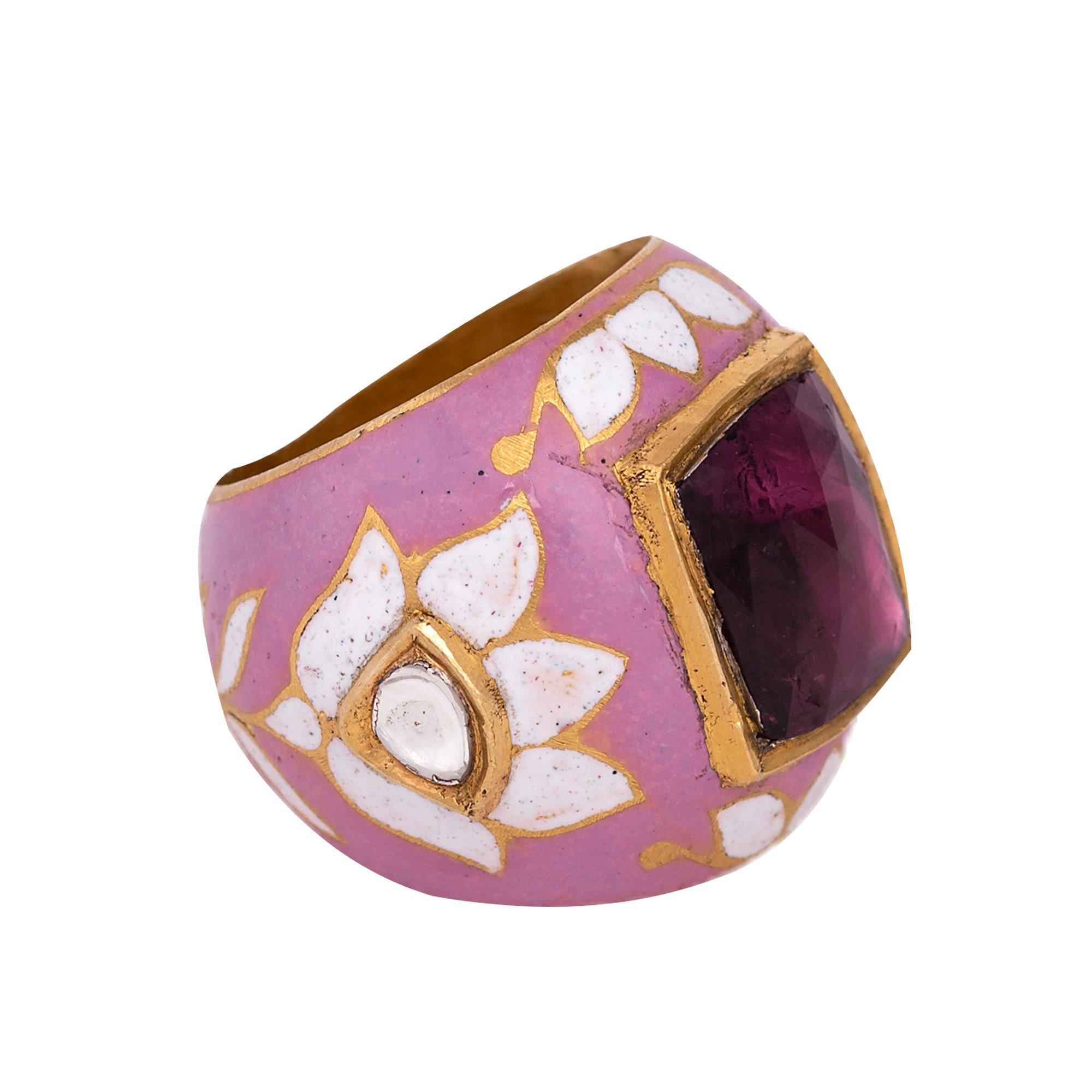 22 Karat Gold Tourmaline and Diamond Cocktail Ring in Pink and White Enamel Work

This exquisite Mughal era hand-made blush red spinel and polki diamond ring with pink and white enamel is remarkable. The solitaire cushion cut spinel in the center in