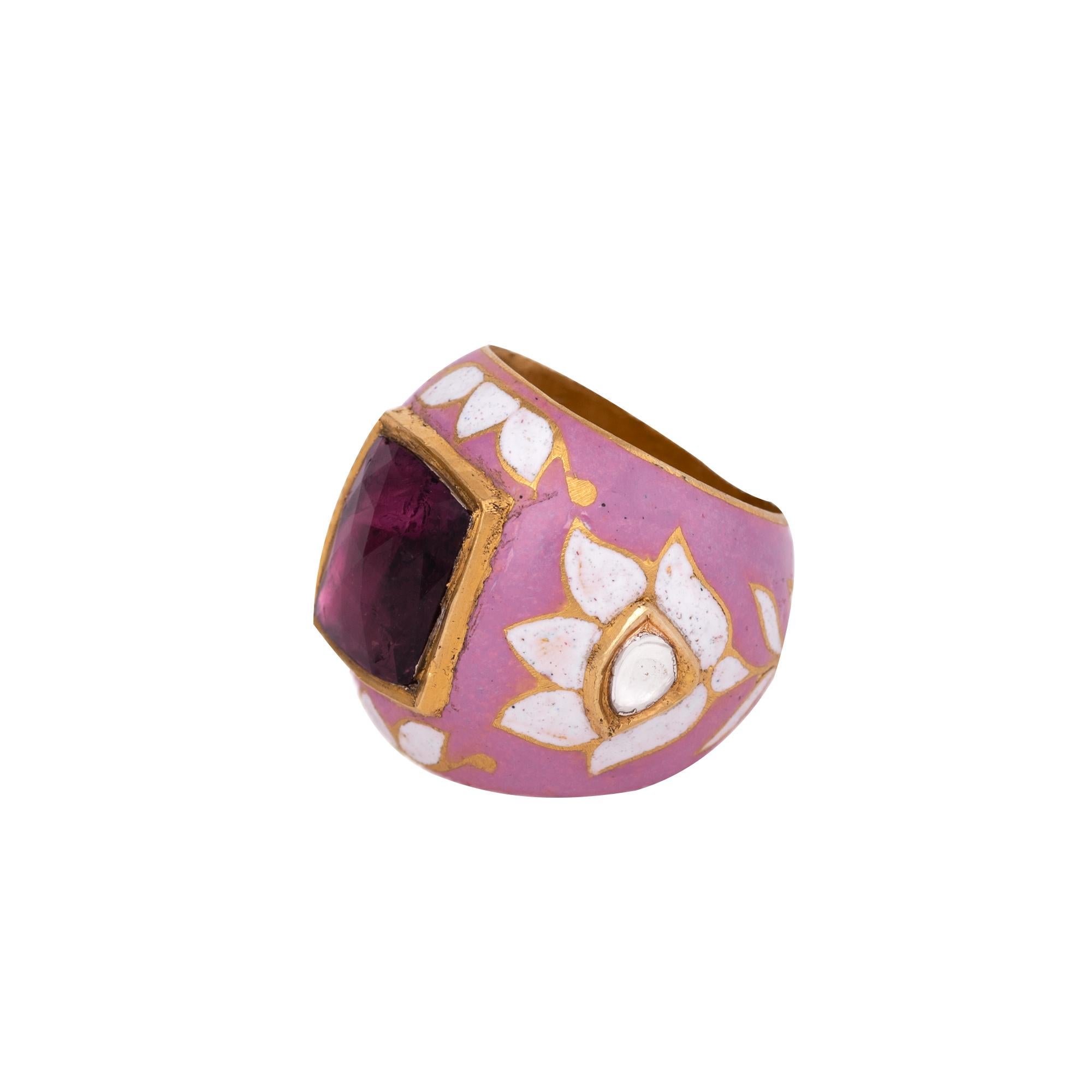 Anglo-Indian 22 Karat Gold Tourmaline and Diamond Cocktail Ring in Pink and White Enamel Work