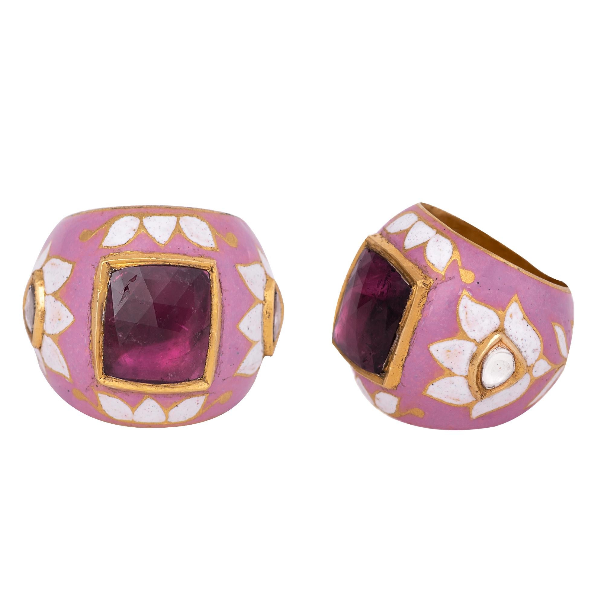 22 Karat Gold Tourmaline and Diamond Cocktail Ring in Pink and White Enamel Work In New Condition In Jaipur, IN