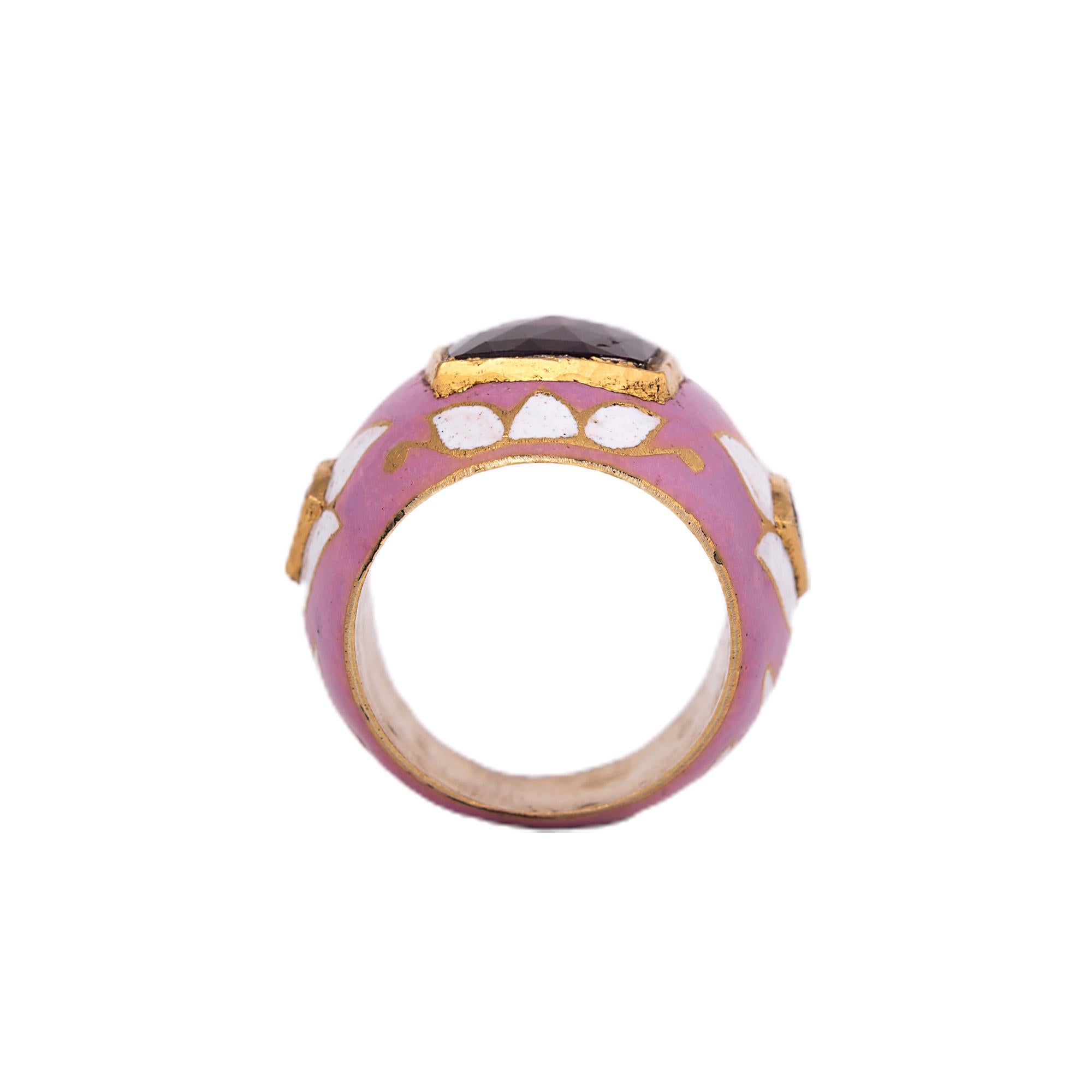22 Karat Gold Tourmaline and Diamond Cocktail Ring in Pink and White Enamel Work 1
