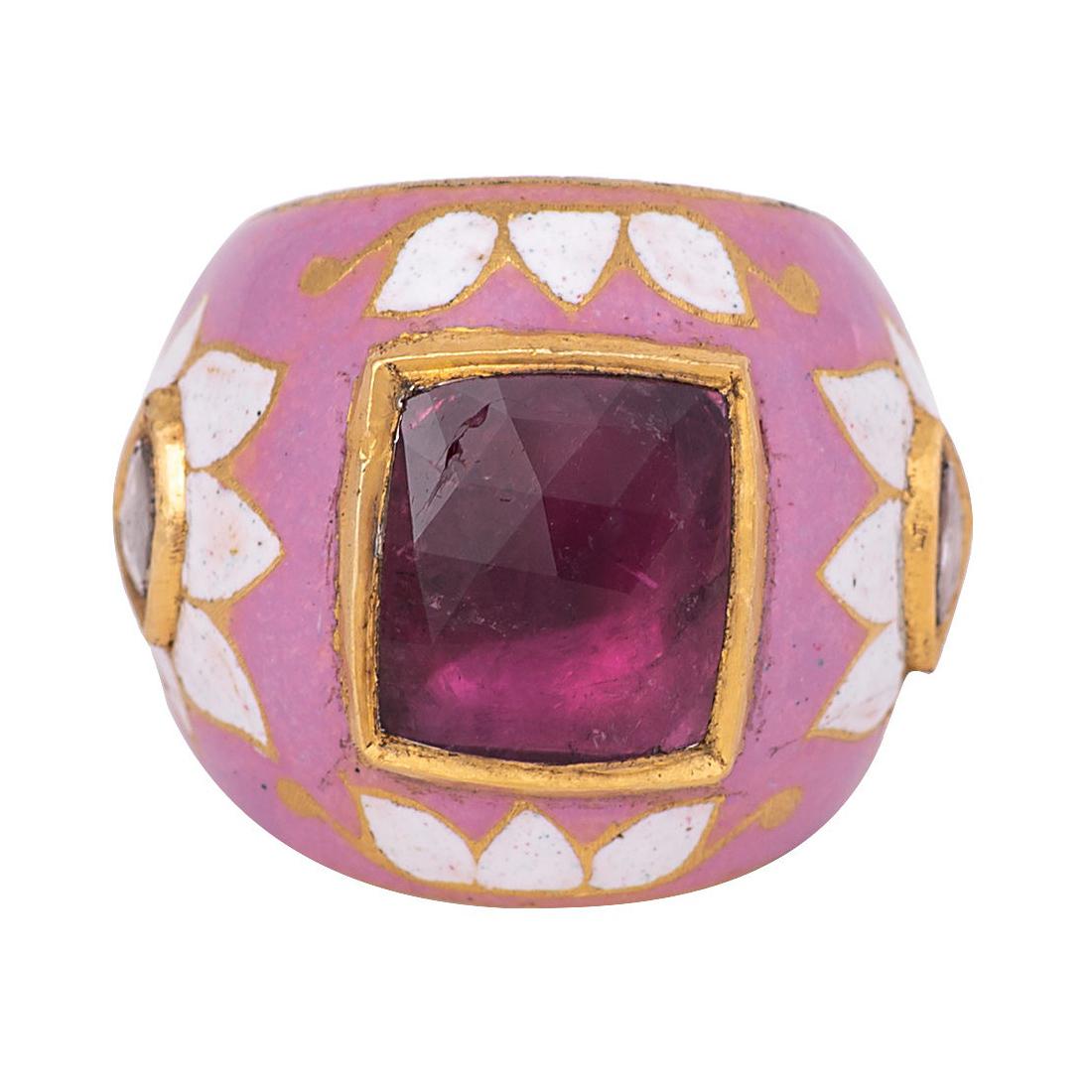 22 Karat Gold Tourmaline and Diamond Cocktail Ring in Pink and White Enamel Work