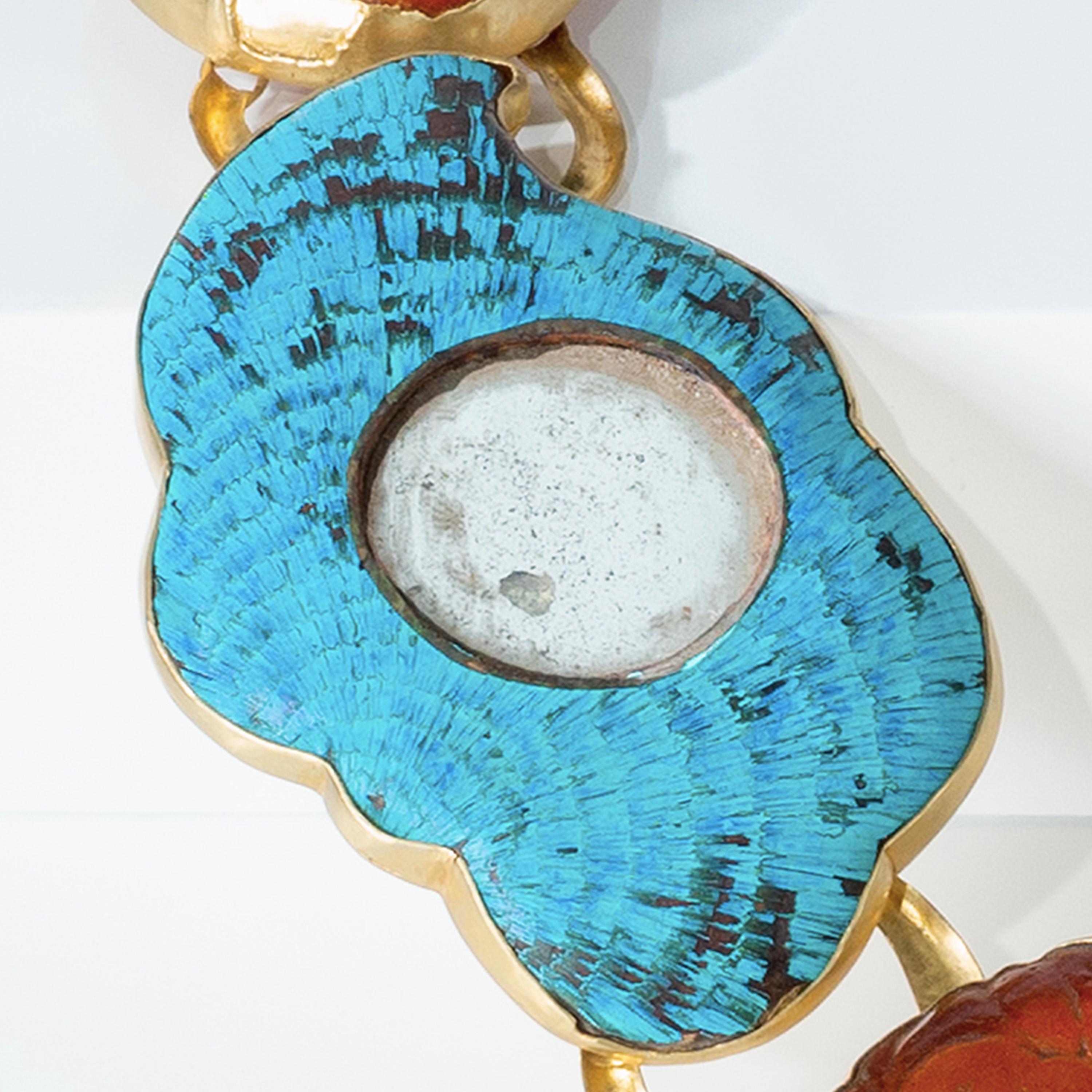 Artist 22 Karat Gold, Turquoises, 18th Century Amber and Kingfisher Feathers Necklace For Sale