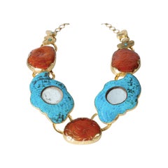 22 Karat Gold, Turquoises, 18th Century Amber and Kingfisher Feathers Necklace