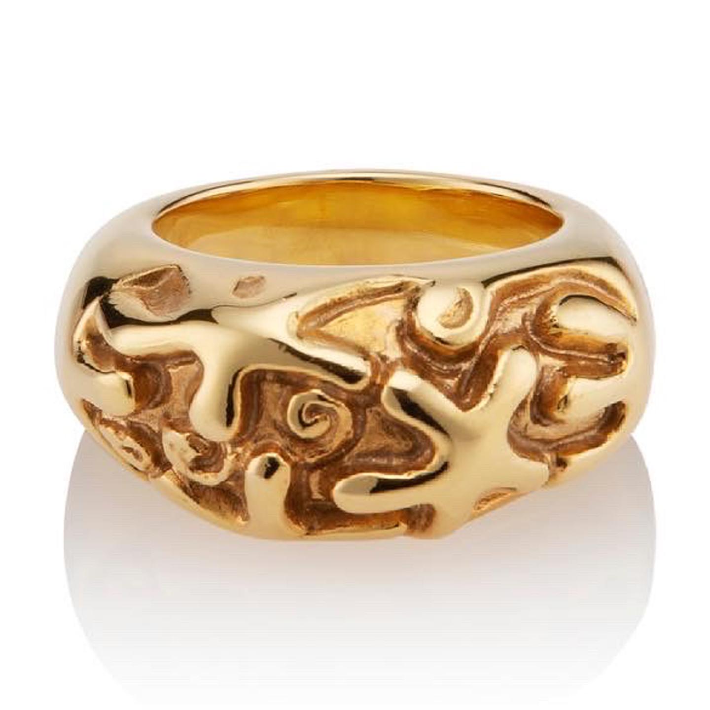 This Dome-shaped ring is embossed with a starfish another celestial symbol, represents infinite divine love, and is a truly elegant design in 22 Karat gold vermeil.

Jewelry designer Cheena Lee is a self-taught artisan whose pieces ingeniously