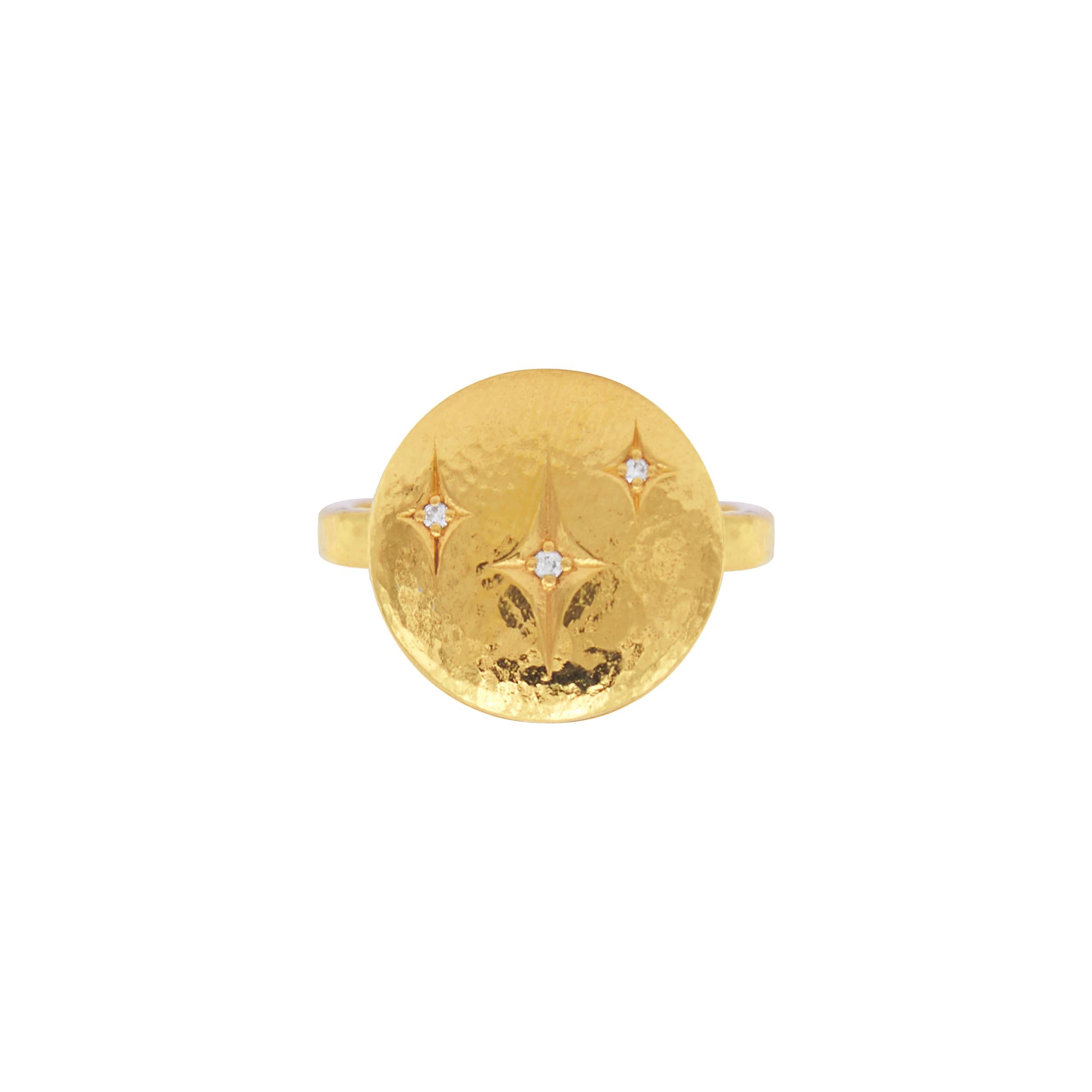 GURHAN hammered 22 Karat solid yellow gold and diamond Starlight cocktail ring featuring (3) 1.30-1.60mm brilliant white diamonds, 0.04cts. 4mm shank, size 7. 