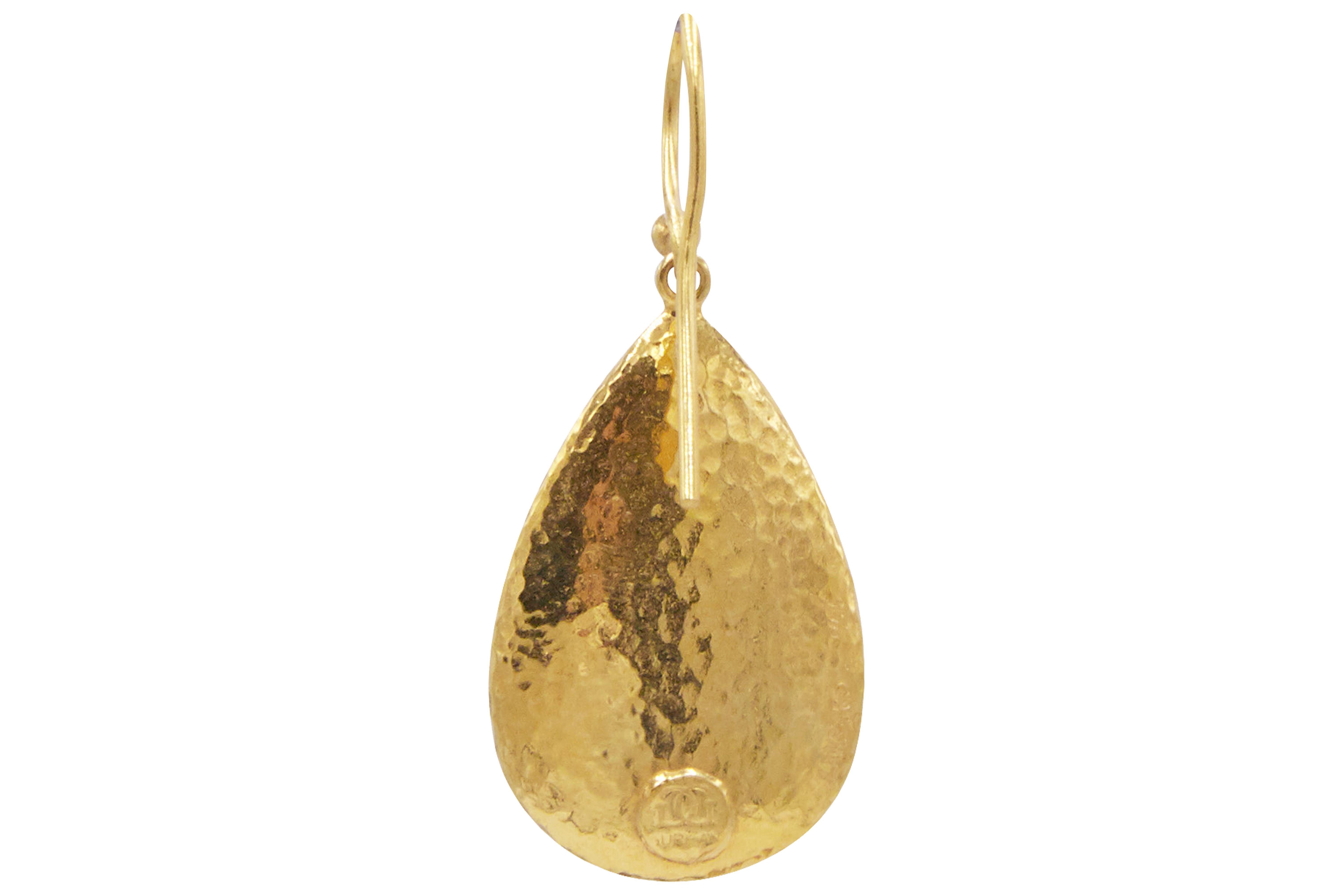 Contemporary GURHAN 22 Karat Hammered Yellow Gold and Diamond Pear Drop Earrings For Sale