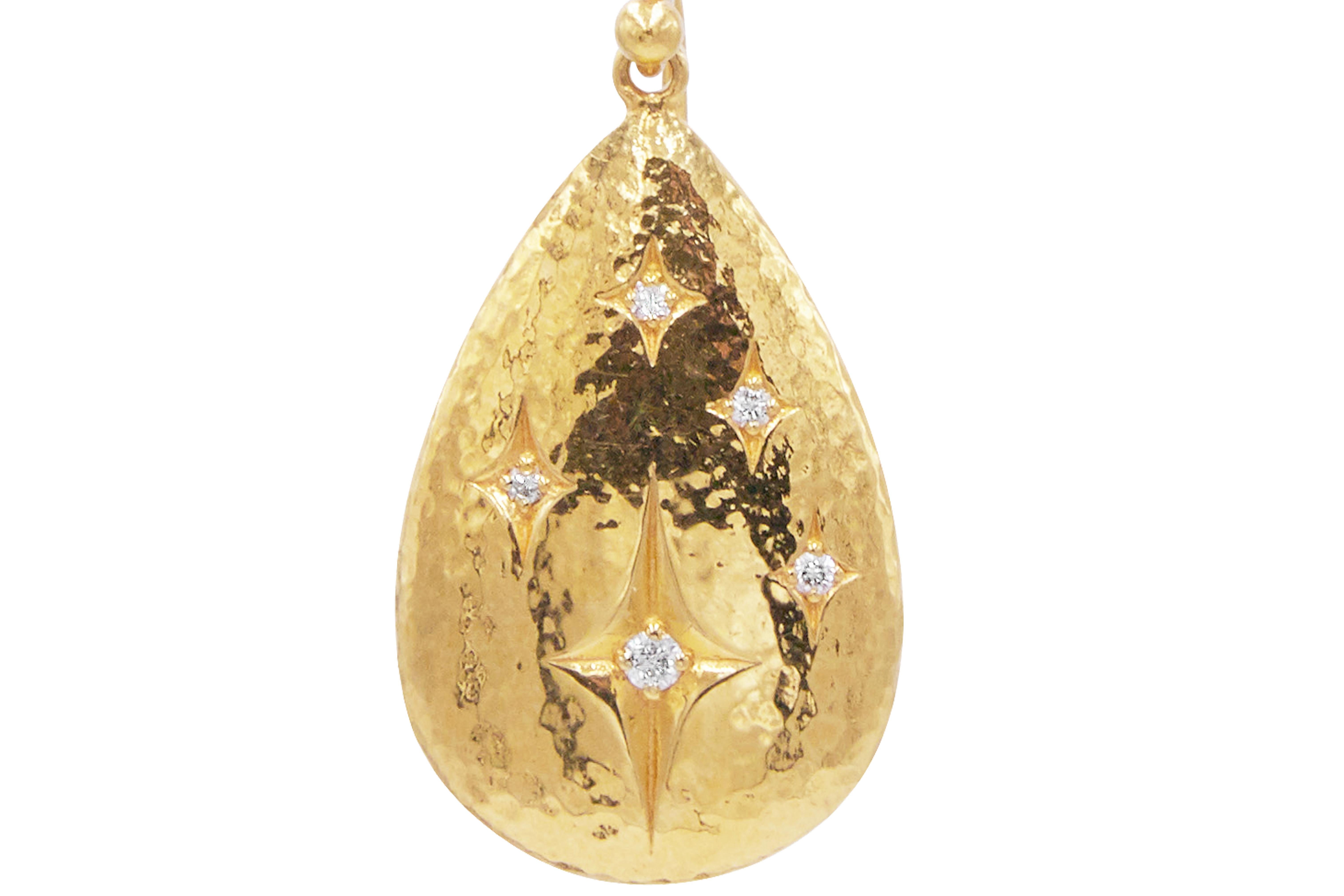 Round Cut GURHAN 22 Karat Hammered Yellow Gold and Diamond Pear Drop Earrings For Sale