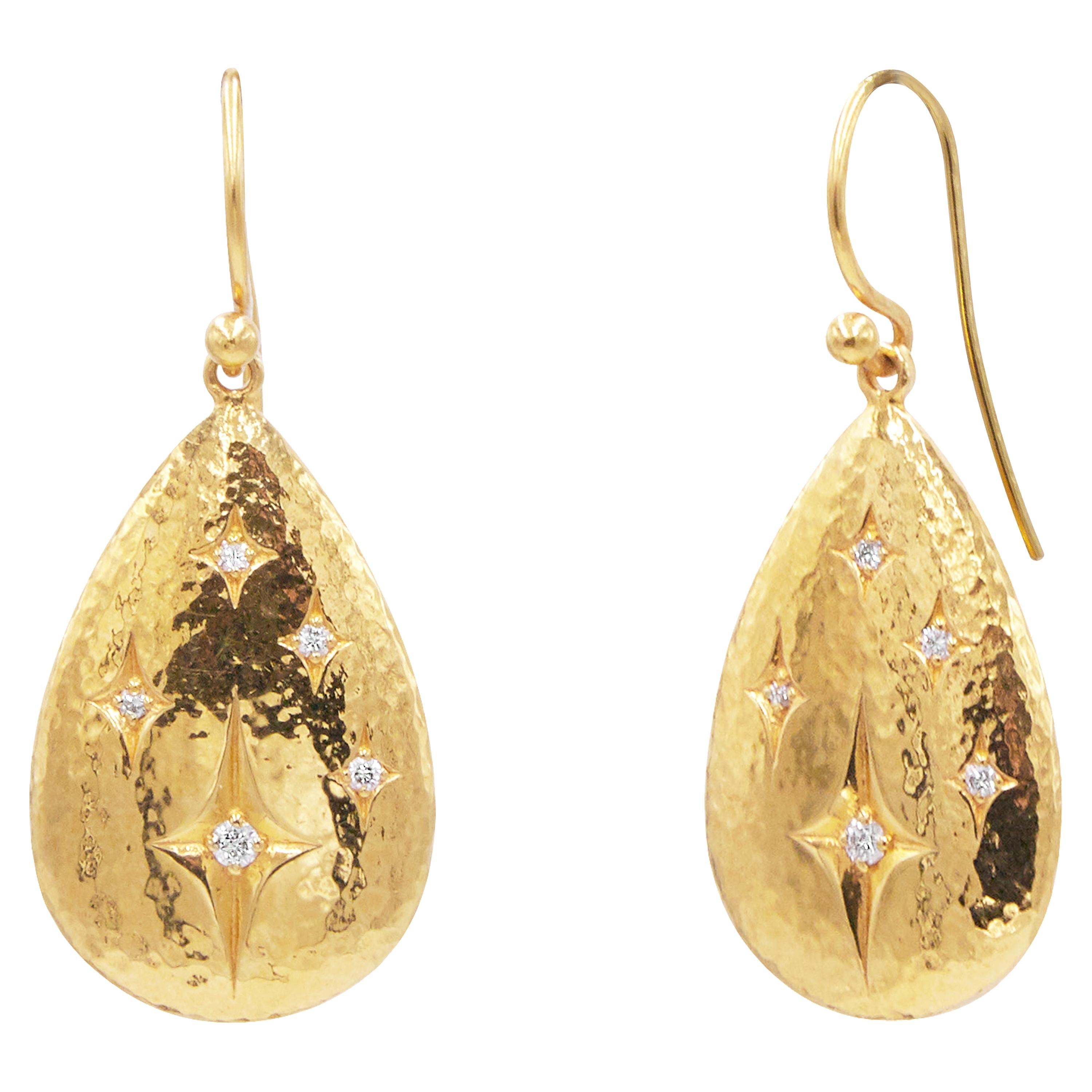 GURHAN 22 Karat Hammered Yellow Gold and Diamond Pear Drop Earrings For Sale