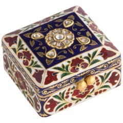 Antique 22 Karat Jaipur Indian Gold Enamel and Diamonds Pill Snuff Box