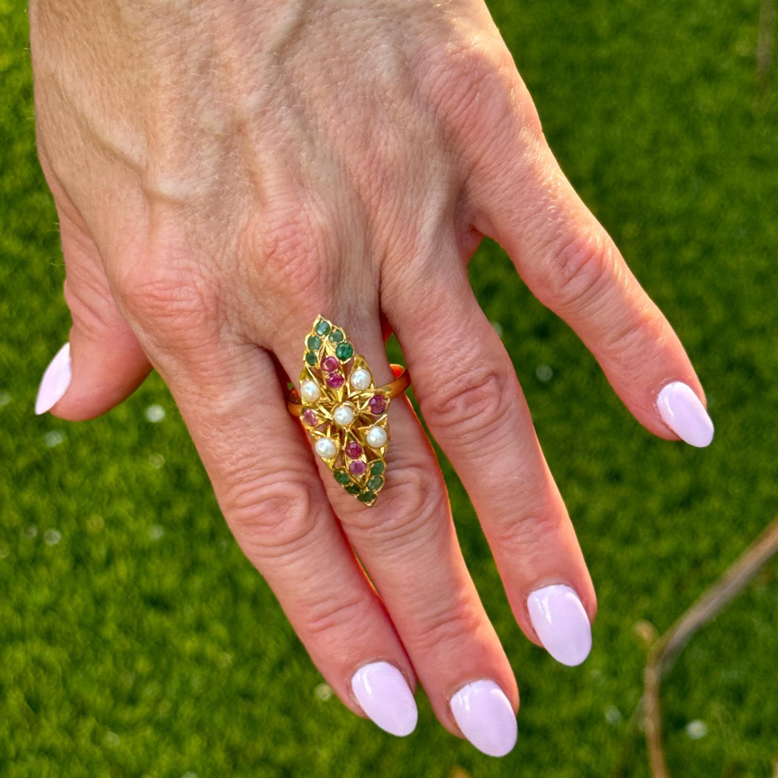 Contemporary 22 Karat Pearl Emerald Ruby Navette Style Vintage Ring For Sale