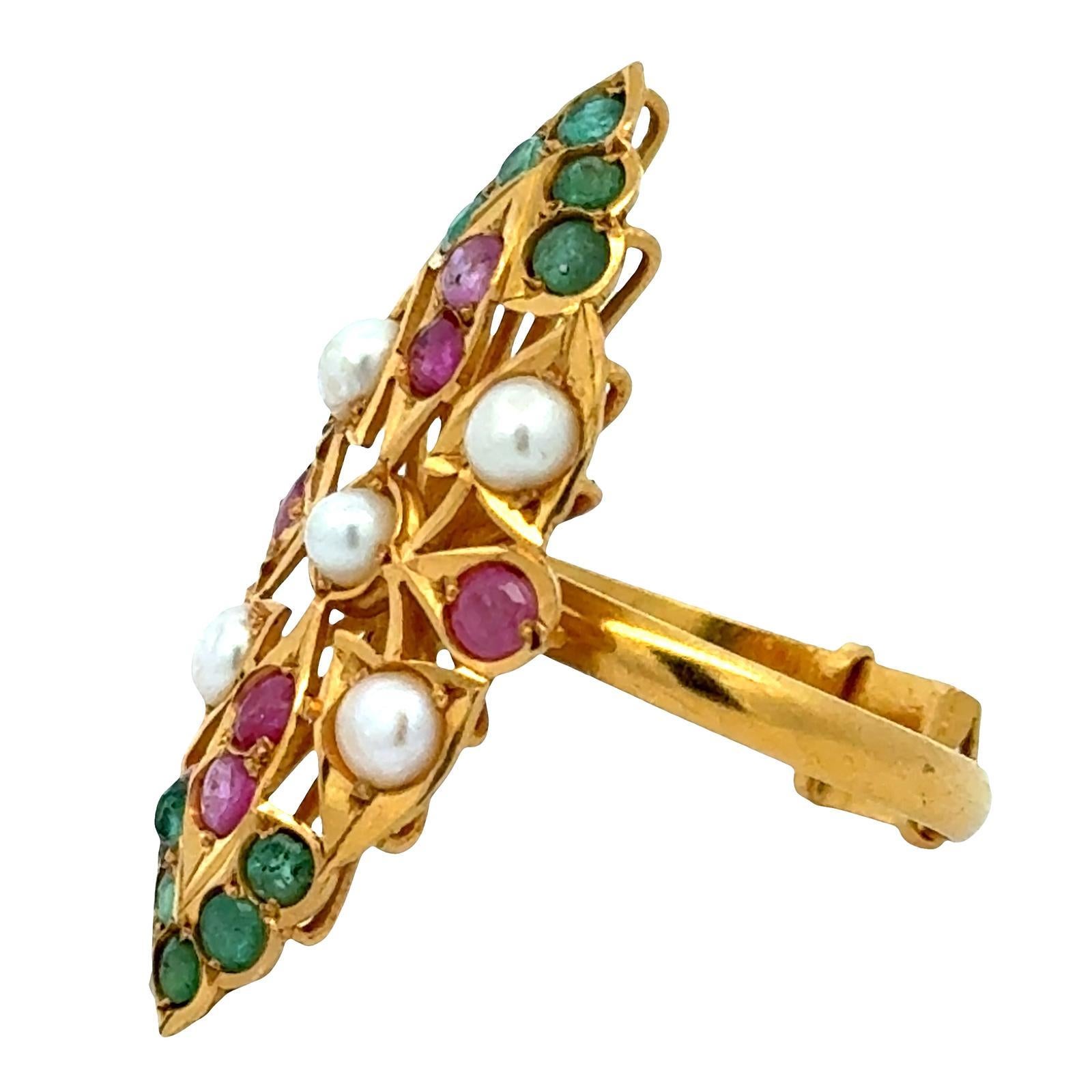 Round Cut 22 Karat Pearl Emerald Ruby Navette Style Vintage Ring For Sale