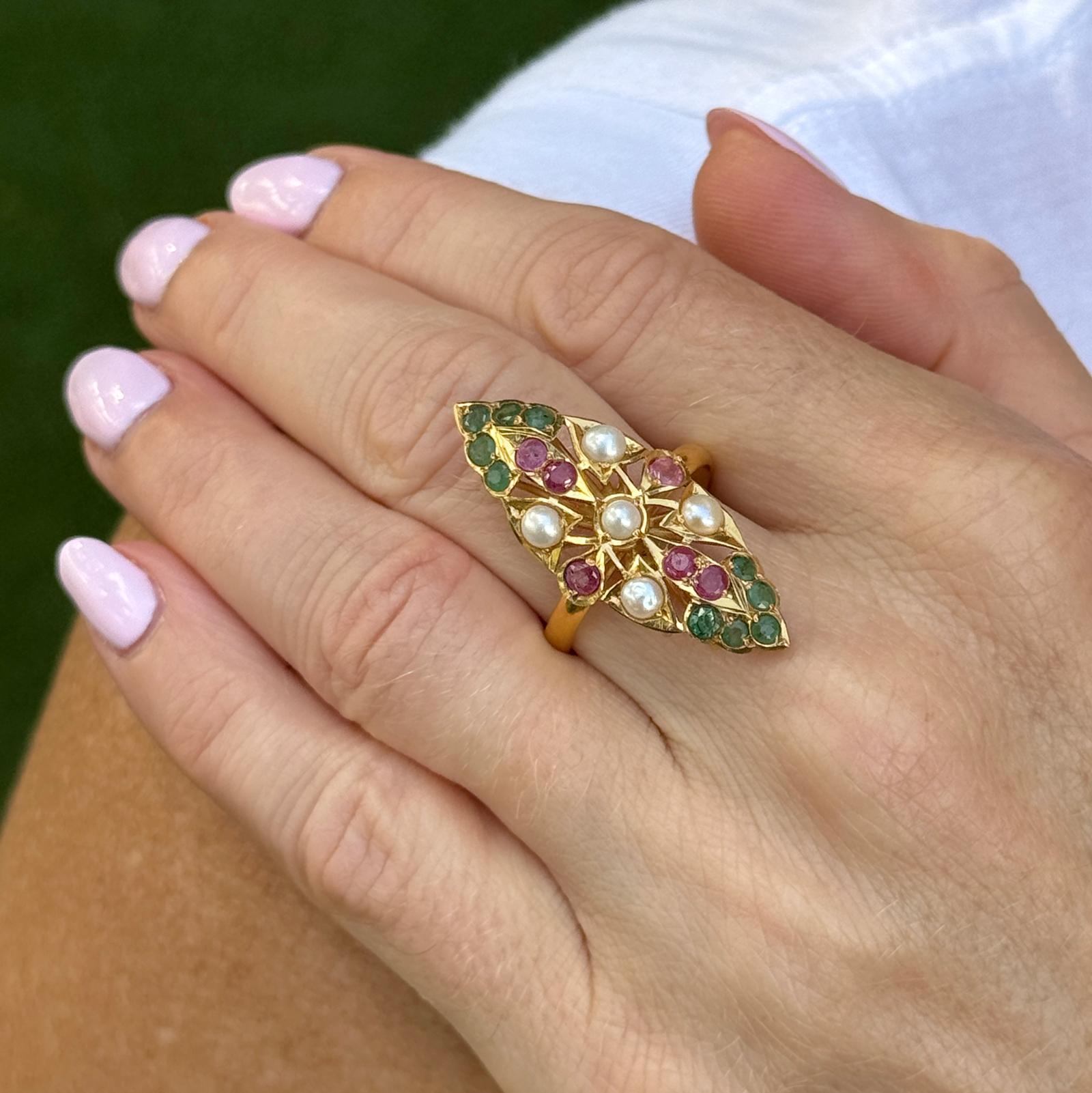 22 Karat Pearl Emerald Ruby Navette Style Vintage Ring In Excellent Condition For Sale In Boca Raton, FL