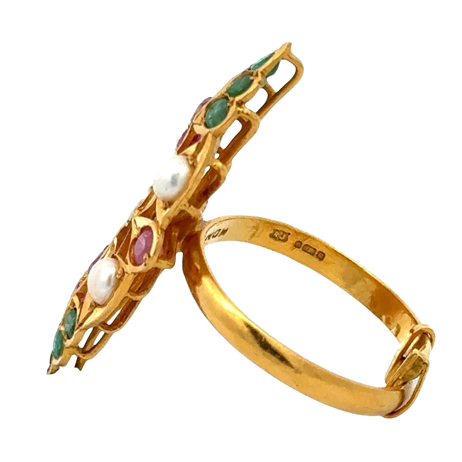 Women's 22 Karat Pearl Emerald Ruby Navette Style Vintage Ring For Sale