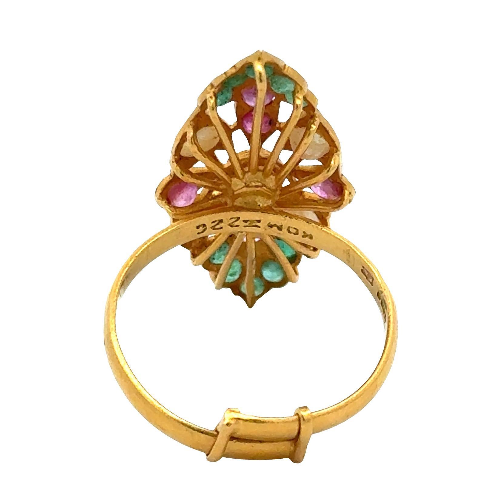 22 Karat Pearl Emerald Ruby Navette Style Vintage Ring For Sale 1