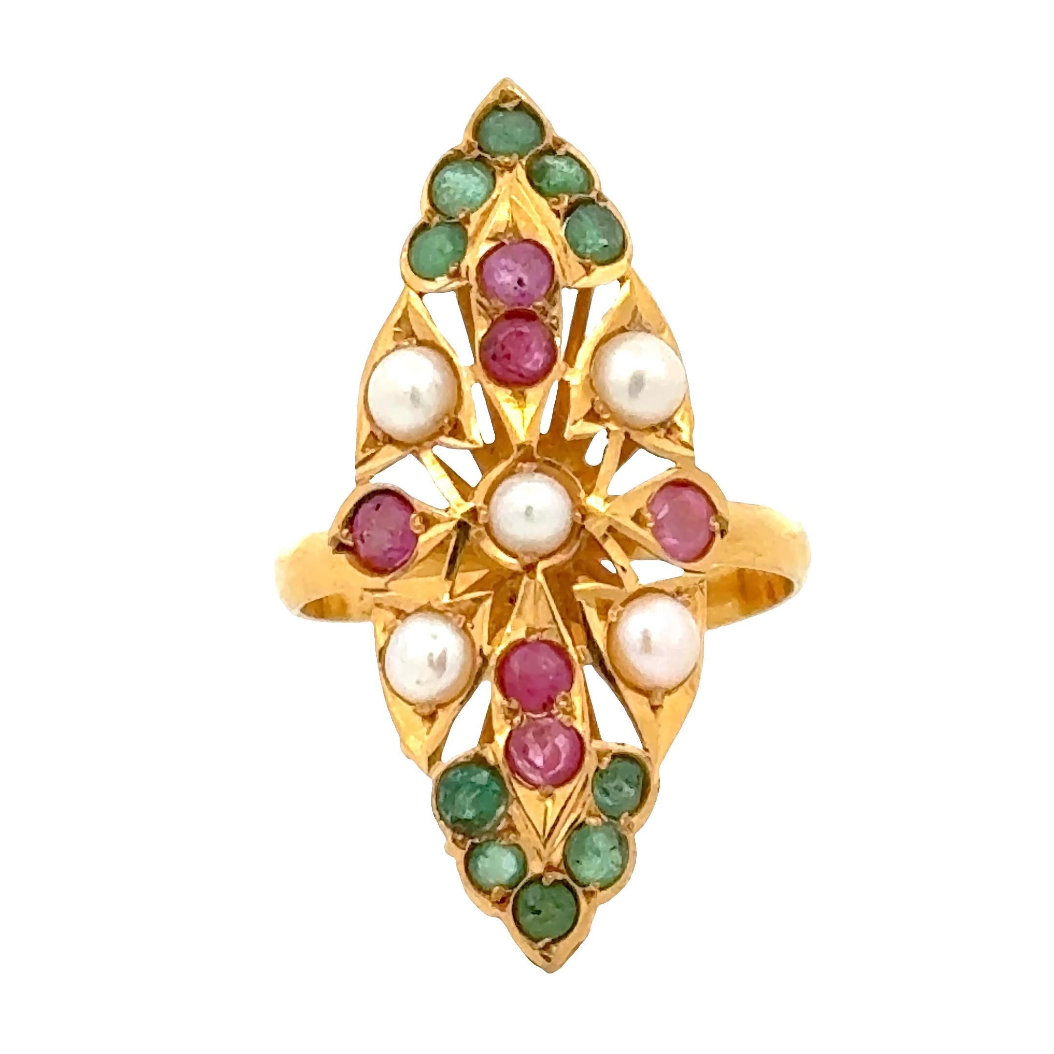 22 Karat Pearl Emerald Ruby Navette Style Vintage Ring For Sale 2