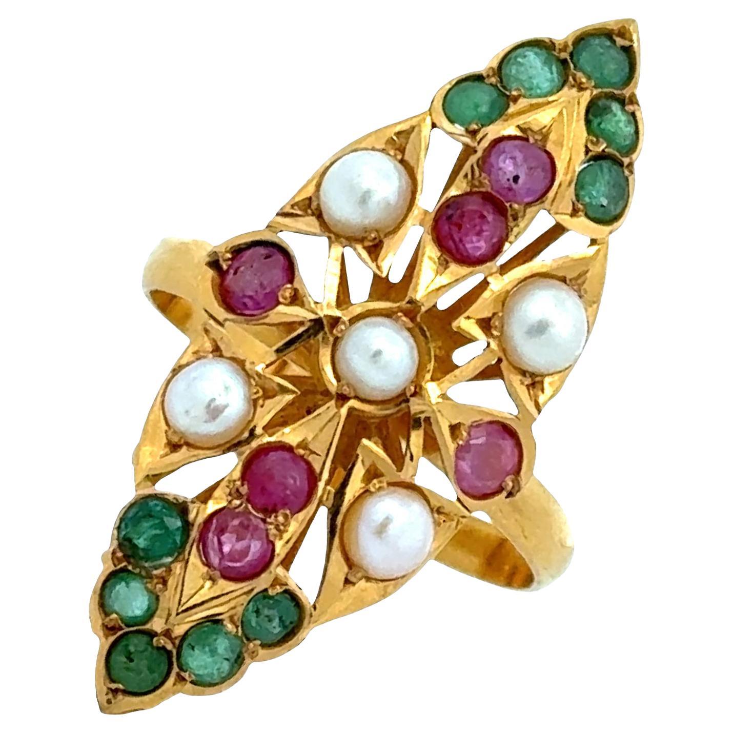 22 Karat Pearl Emerald Ruby Navette Style Vintage Ring For Sale