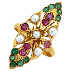 22 Karat Pearl Emerald Ruby Navette Style Vintage Ring