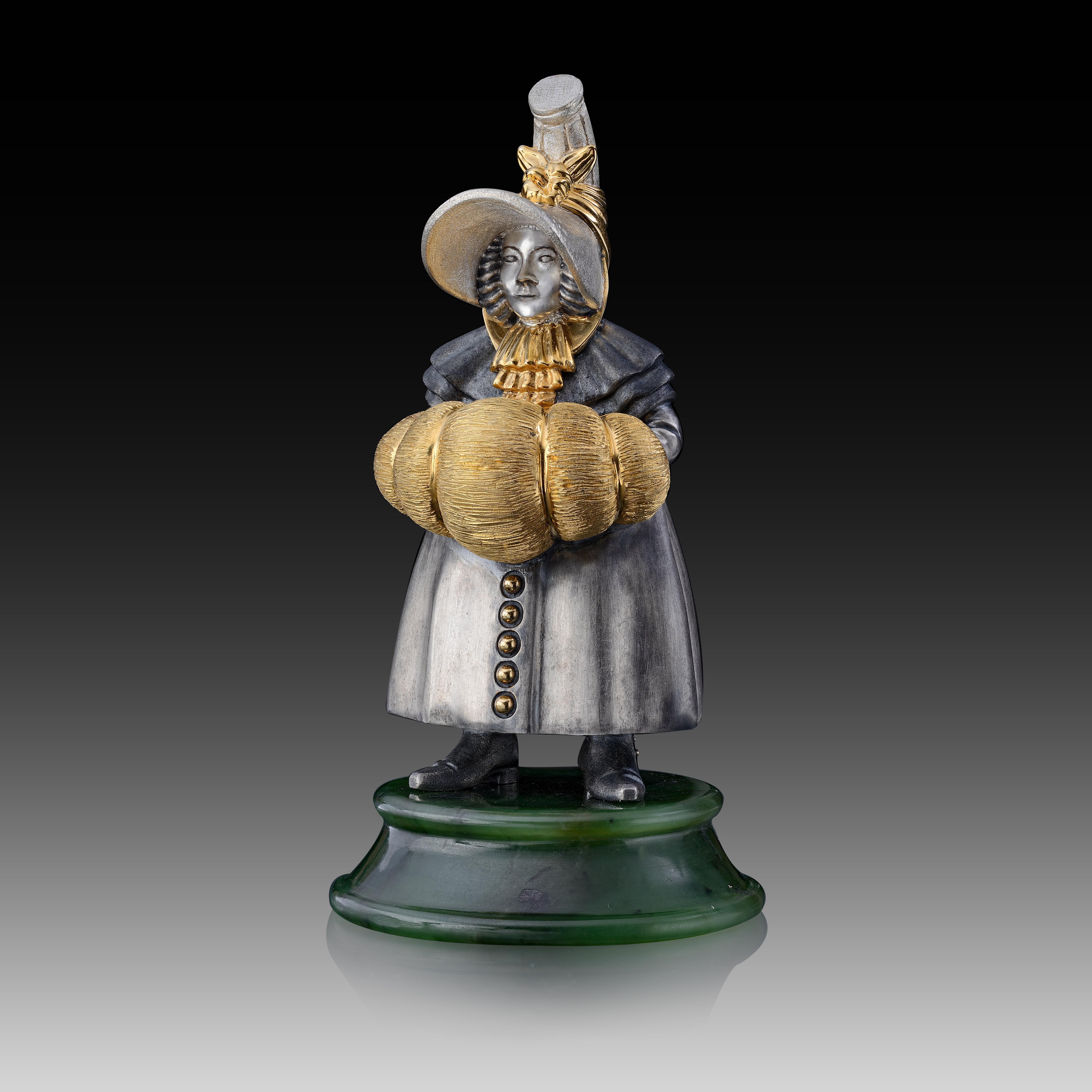Original sterling silver 22k multiple sculpture with 24k gold plating, jade stand, stamped by the artist

Departing Guests. In a series of 12 figurines depicting simply the departing guests from a scene in The Nutcracker, Mihail Chemiakin has