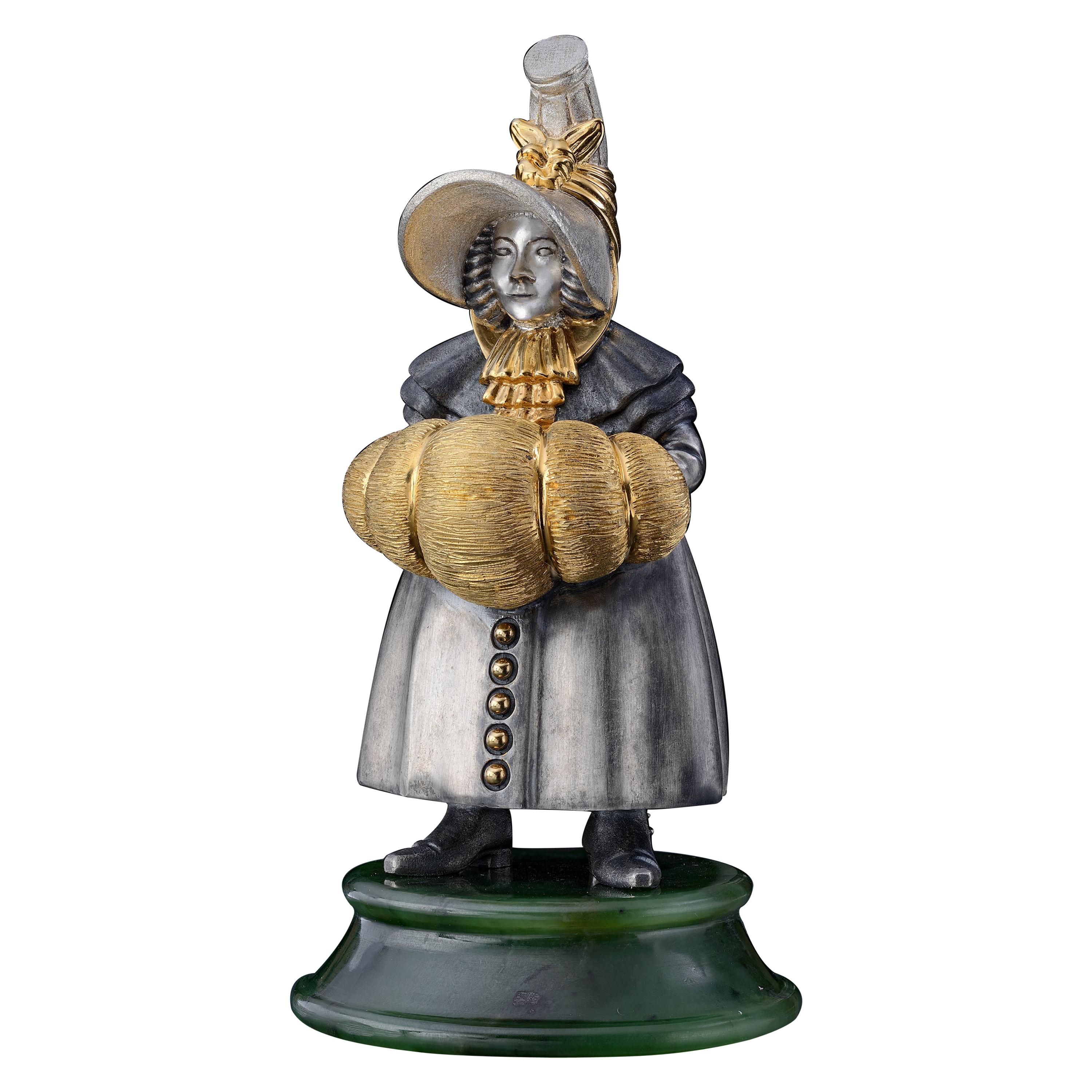 22 Karat Silver Jade Stand Figurine For Sale