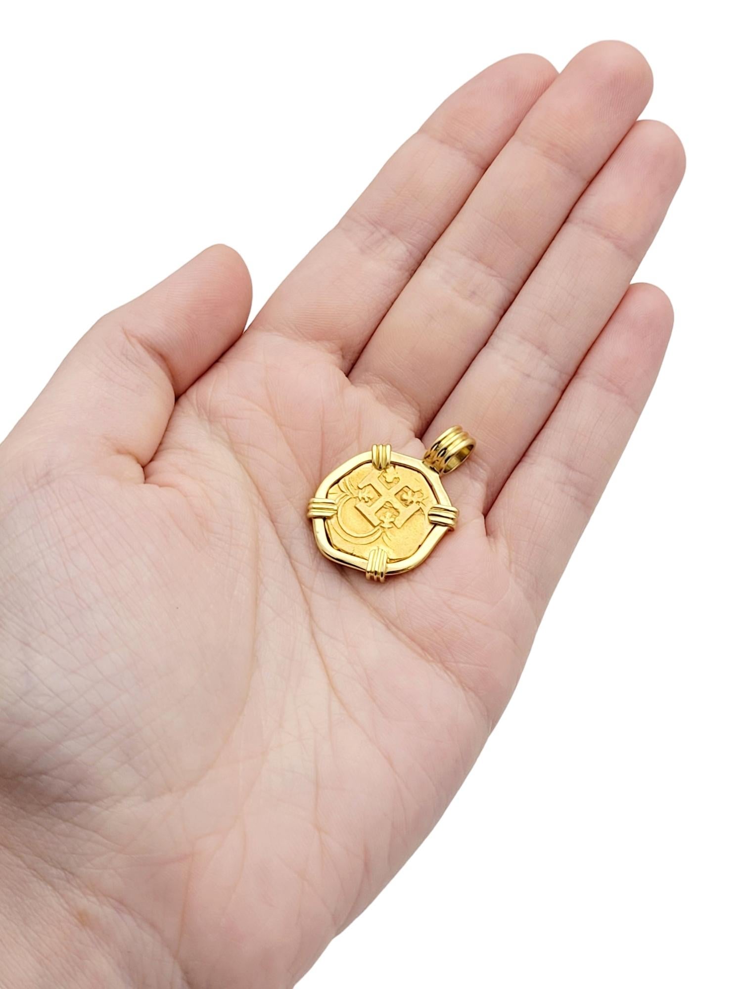 22-Karat Spain 2 Escudos Treasure Coin Bezel in 18 Karat Yellow Gold Pendant 8