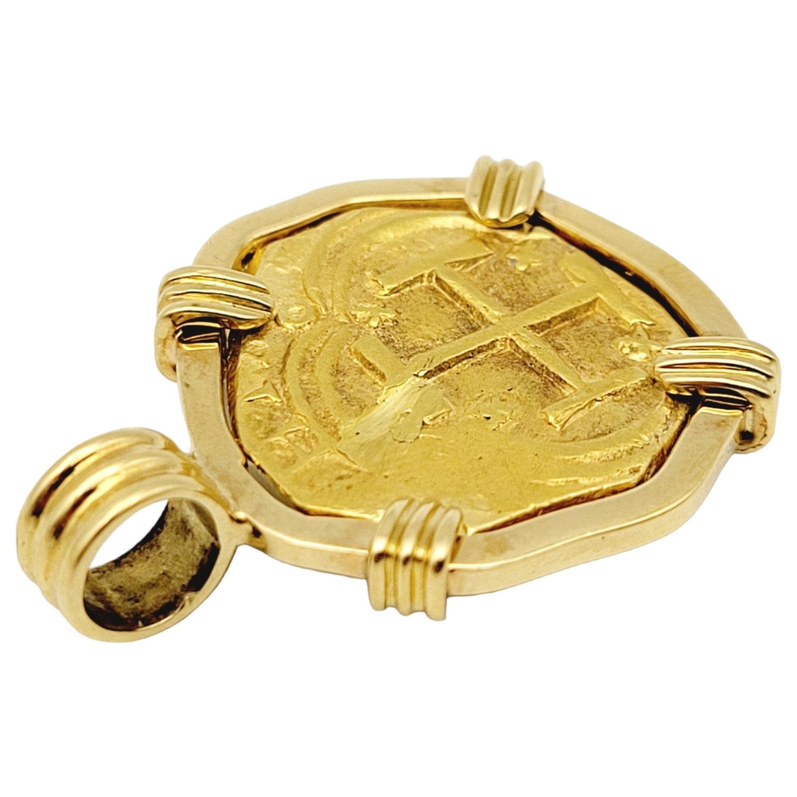 Women's or Men's 22-Karat Spain 2 Escudos Treasure Coin Bezel in 18 Karat Yellow Gold Pendant