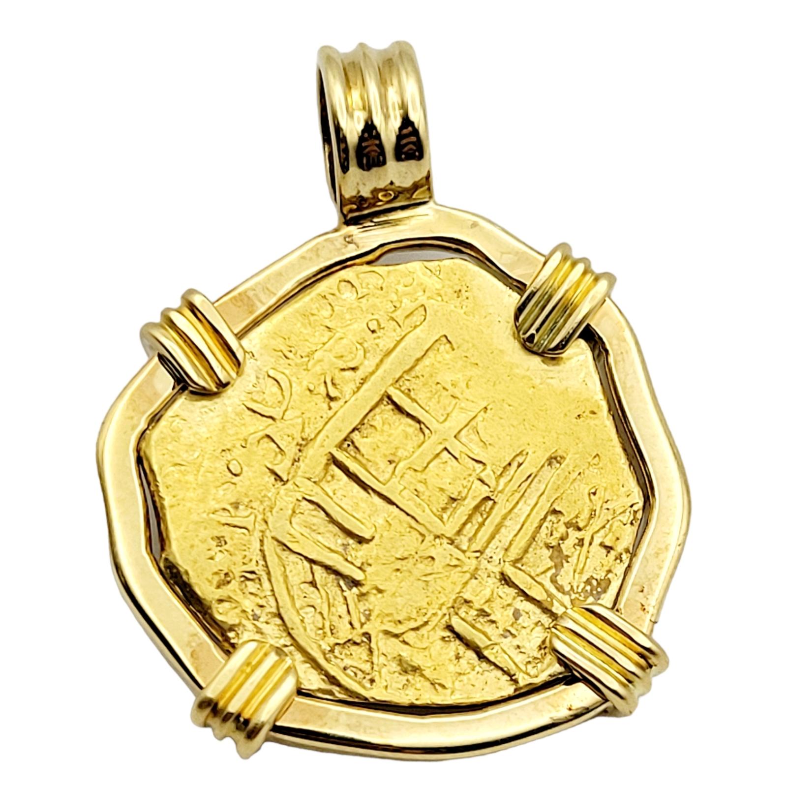 22-Karat Spain 2 Escudos Treasure Coin Bezel in 18 Karat Yellow Gold Pendant 2
