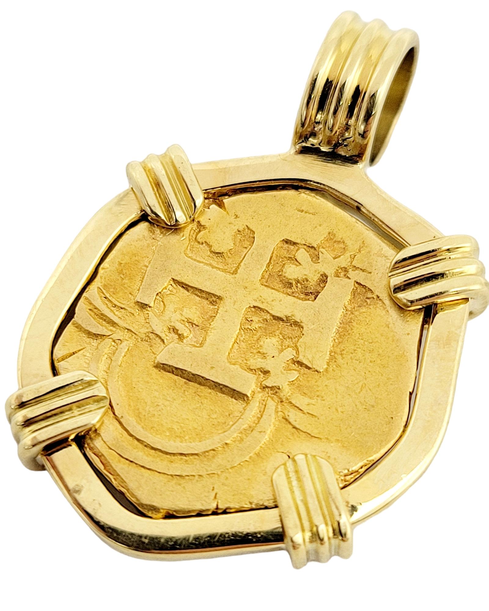 22-Karat Spain 2 Escudos Treasure Coin Bezel in 18 Karat Yellow Gold Pendant 2