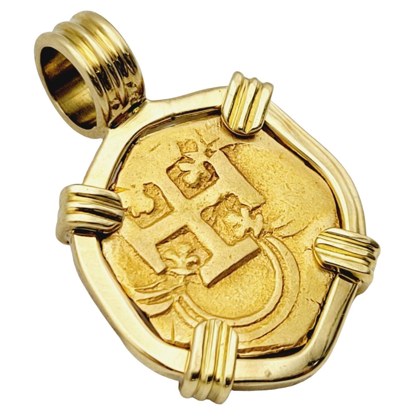 22-Karat Spain 2 Escudos Treasure Coin Bezel in 18 Karat Yellow Gold Pendant