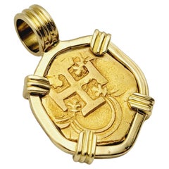 Antique 22-Karat Spain 2 Escudos Treasure Coin Bezel in 18 Karat Yellow Gold Pendant