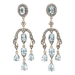 22 Karat Yellow and White Gold Aquamarine Diamond Chandelier Earrings