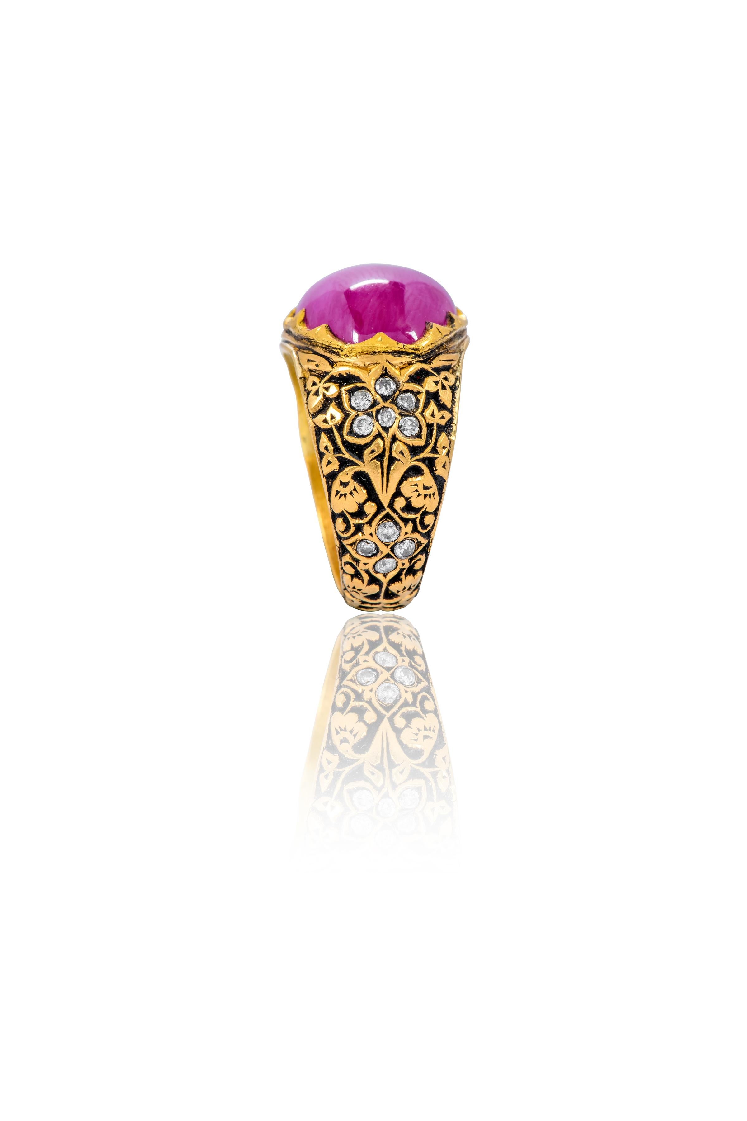 Anglo-Indian 22 Karat Yellow Gold 14.85 Carat Cabochon Ruby and Diamond Ring For Sale