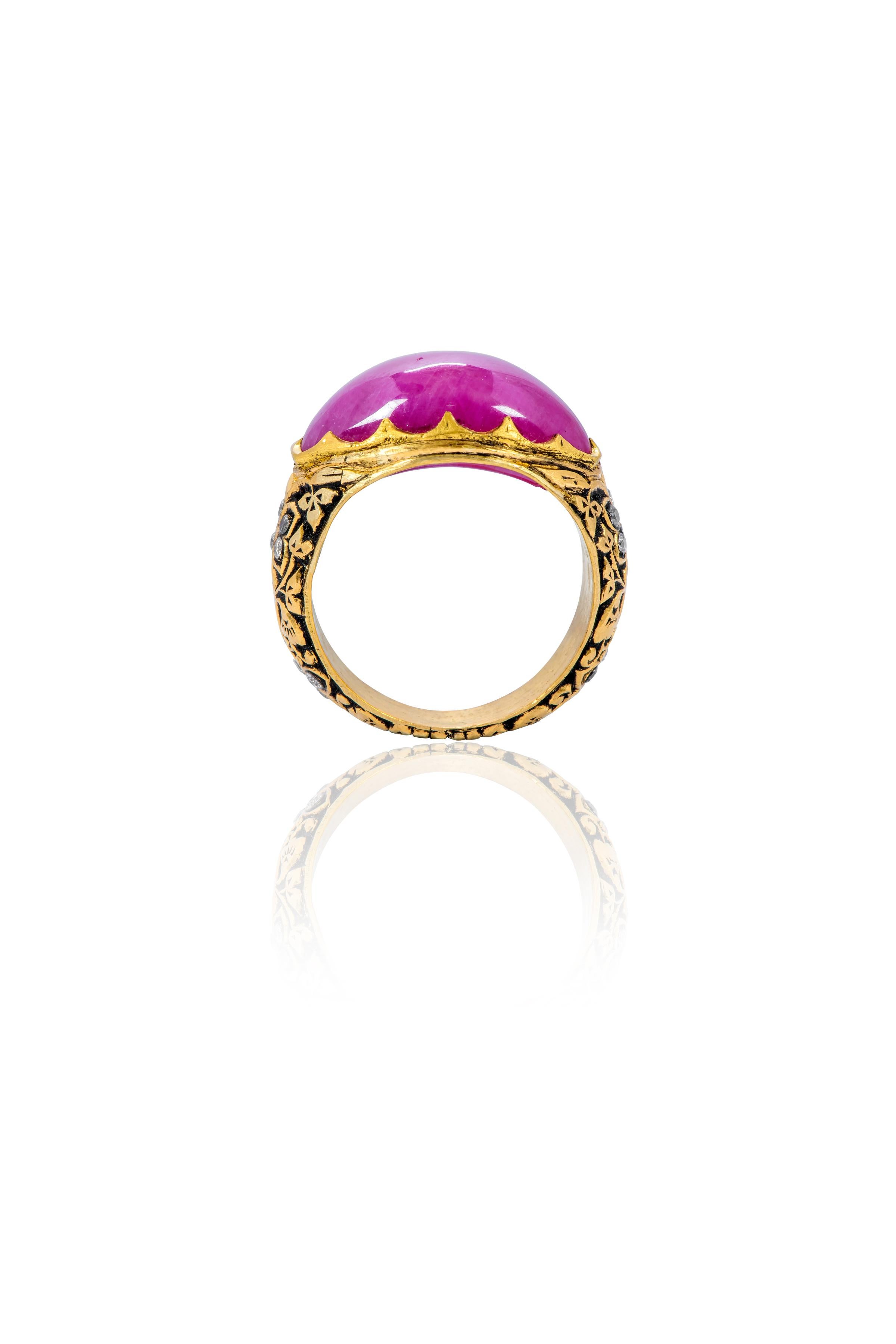Women's 22 Karat Yellow Gold 14.85 Carat Cabochon Ruby and Diamond Ring For Sale