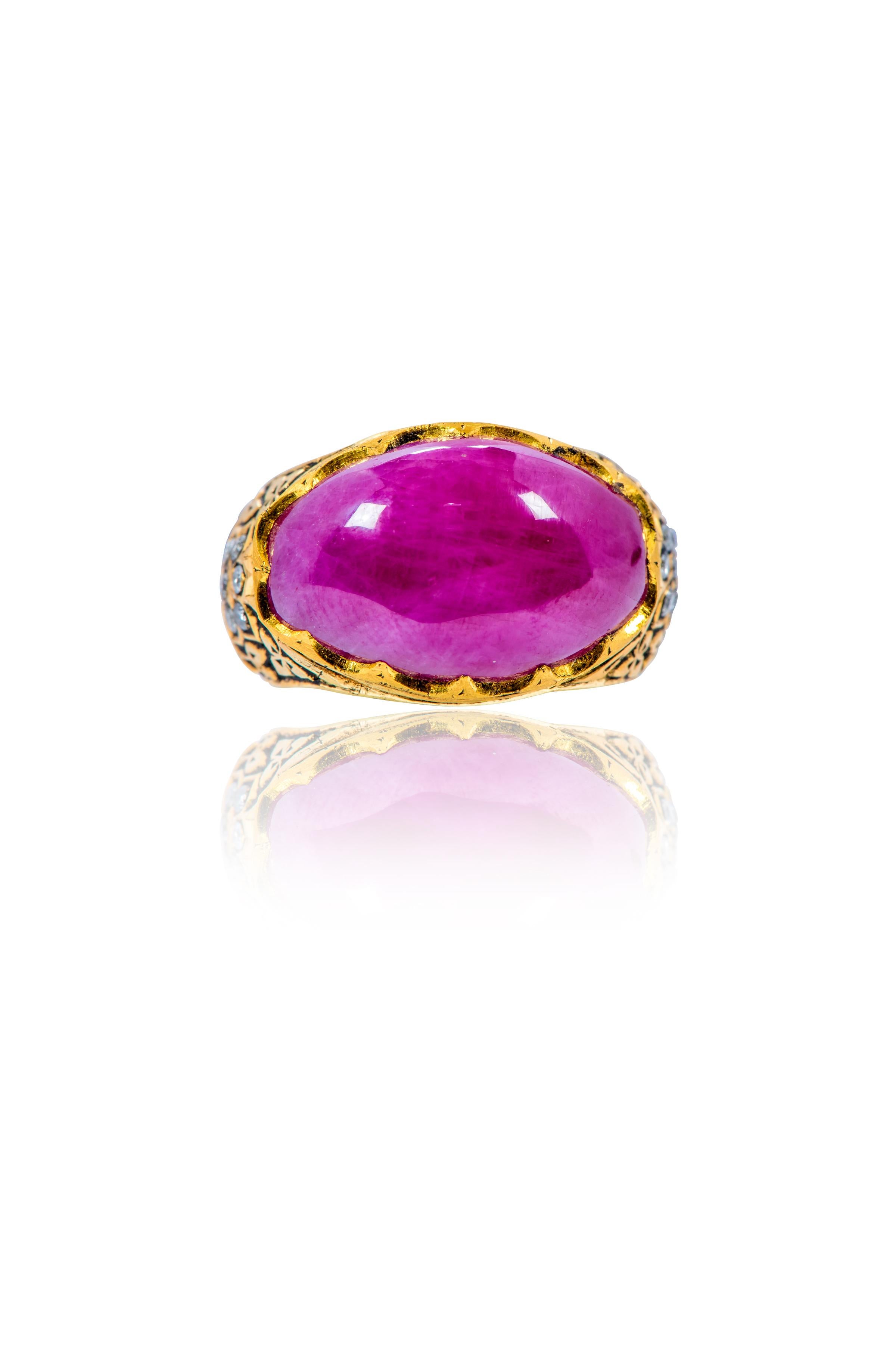 22 Karat Yellow Gold 14.85 Carat Cabochon Ruby and Diamond Ring For Sale 1