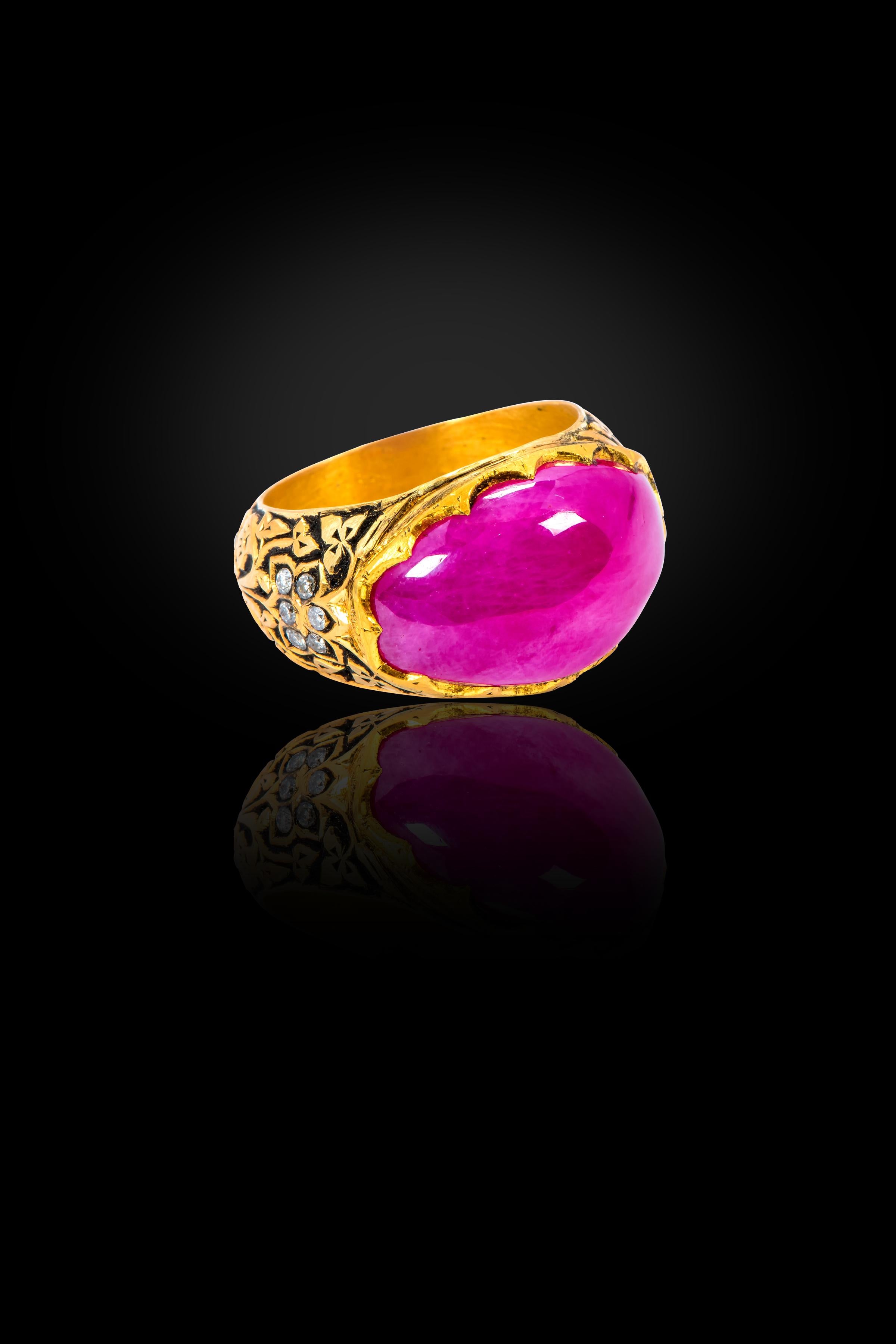 22 Karat Yellow Gold 14.85 Carat Cabochon Ruby and Diamond Ring For Sale 2