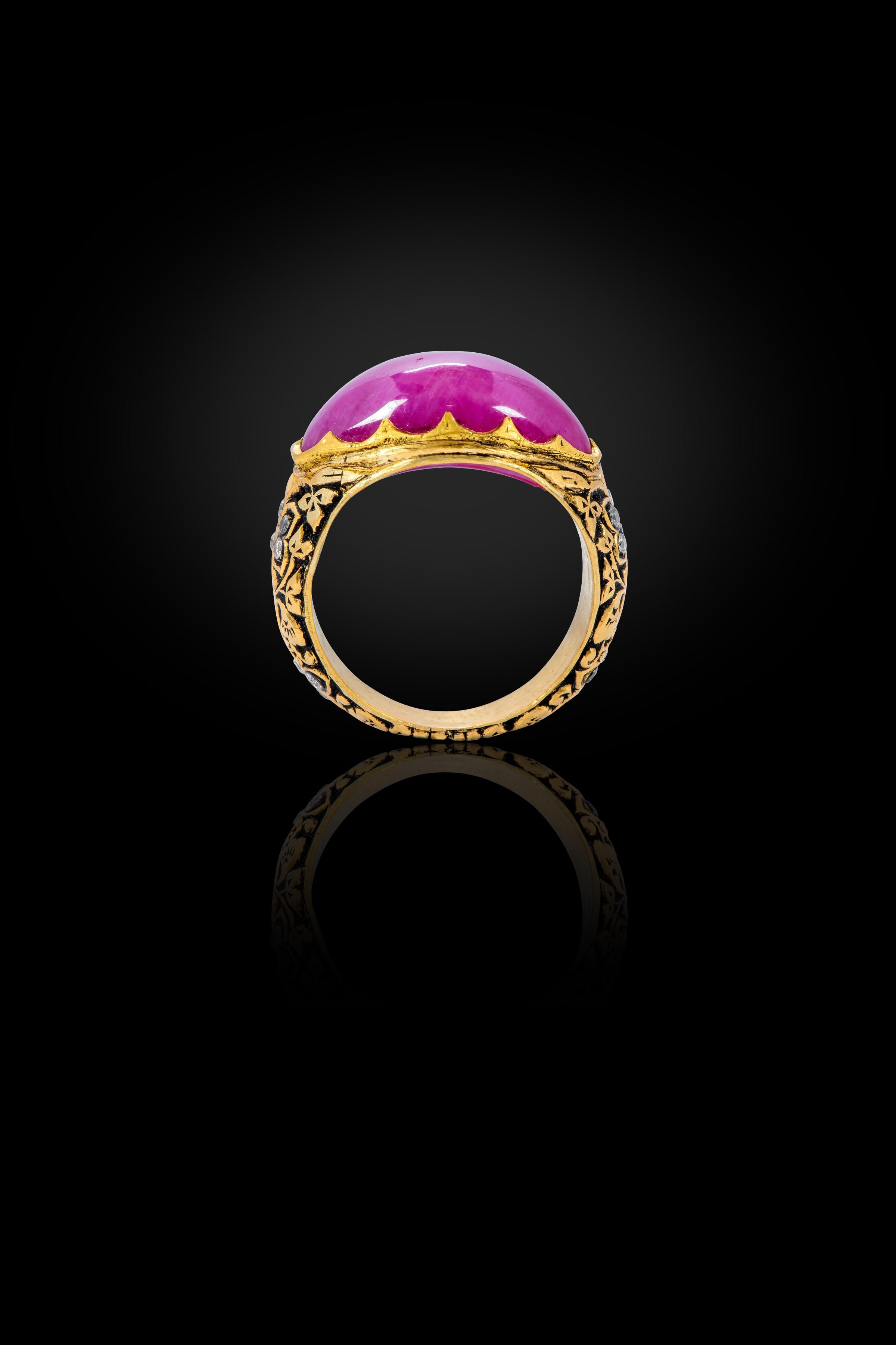 22 Karat Yellow Gold 14.85 Carat Cabochon Ruby and Diamond Ring For Sale 3