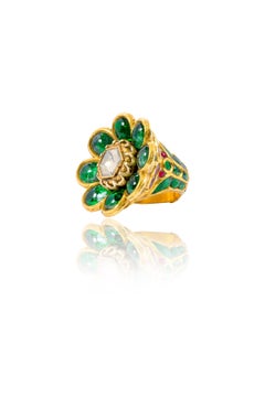 22 Karat Yellow Gold 17.00 Carat Cabochon Emerald and Diamond Polki Flower Ring