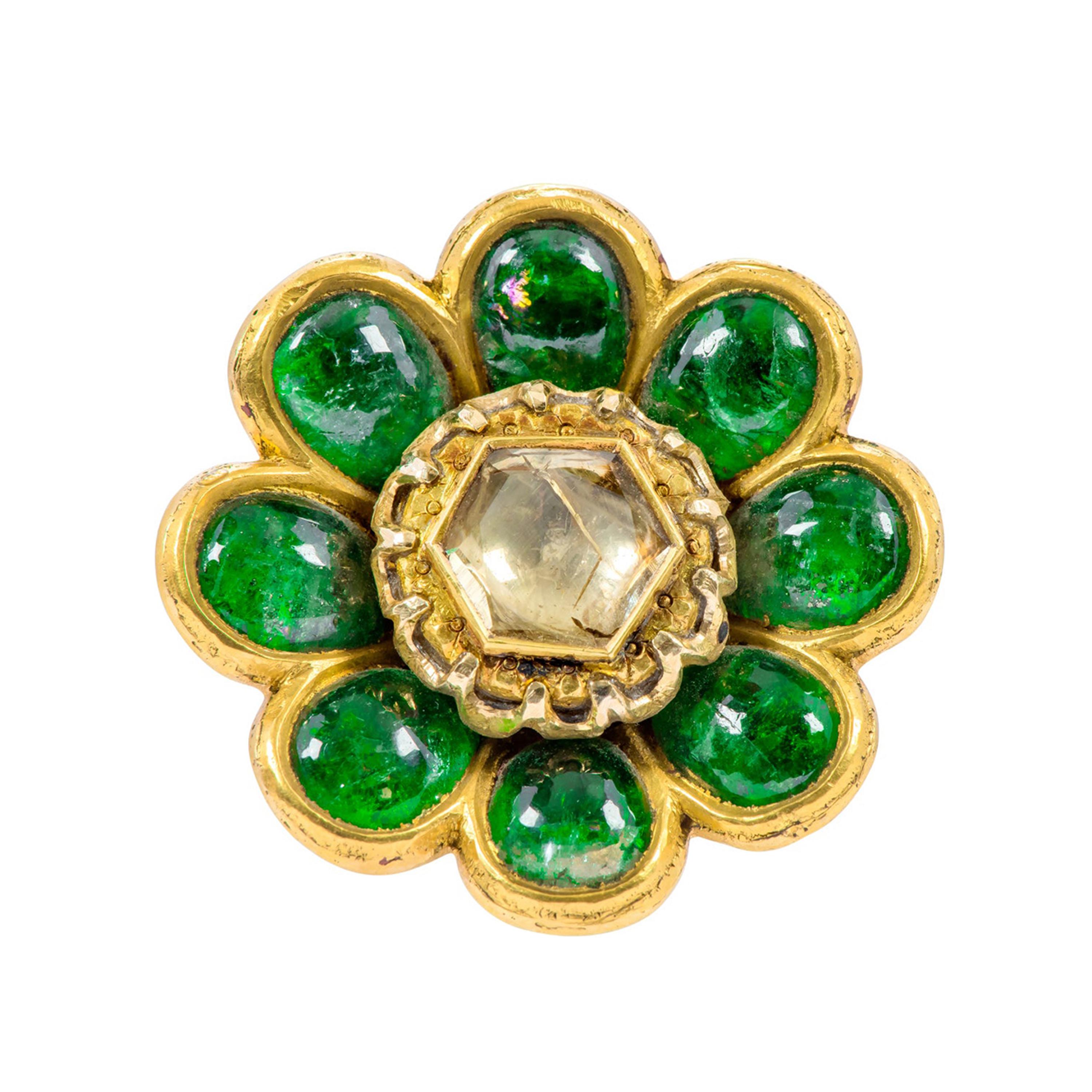 22 Karat Yellow Gold 17.00 Carat Cabochon Emerald and Diamond Polki Flower Ring 