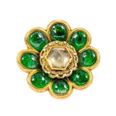 22 Karat Gelbgold 17.00 Karat Cabochon Smaragd und Diamant Polki Blume Ring 