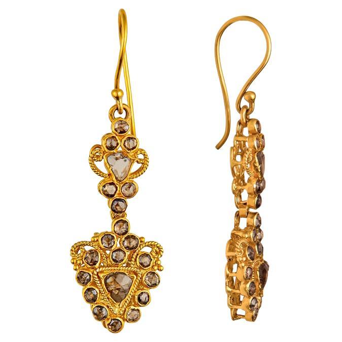 22 Karat Yellow Gold 1.75 Carat Total Weight Rose Cut Diamond Dangle Earrings For Sale