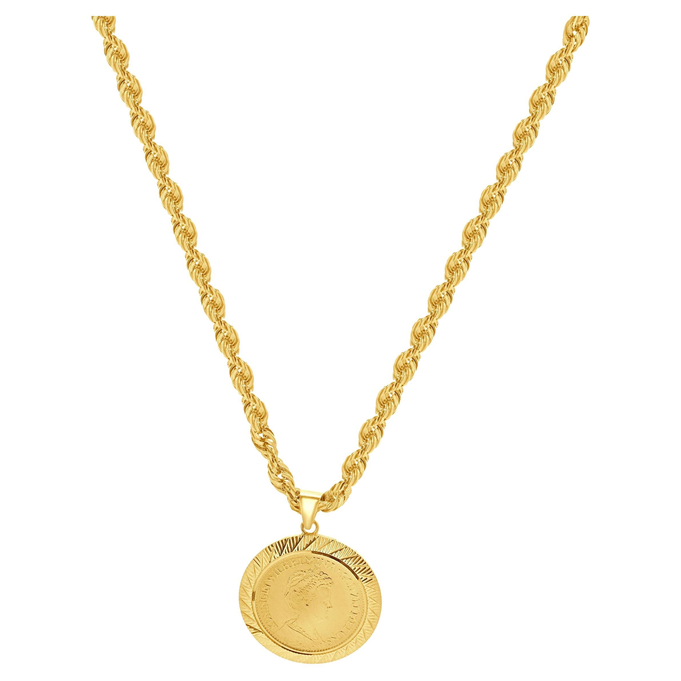 22k Yellow Gold 1917 Netherlands Coin in 10 Karat Yellow Gold Bezel and Chain For Sale