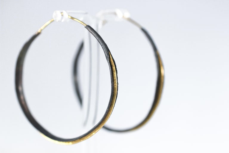 Women's 22 Karat Yellow Gold and Oxidized Silver Handmade Hoop Earrings Designer Jewelry For Sale
