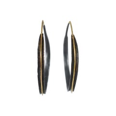22 Karat Yellow Gold and Oxidized Silver Handmade Hoop Earrings Designer Jewelry