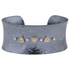 22 Karat Yellow Gold and Oxidized Silver Open Cuff Bracelet with Diamonds