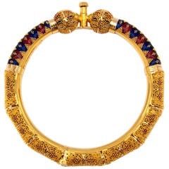 Vintage Enameled 20K Yellow Gold Filigree Bangle Bracelet