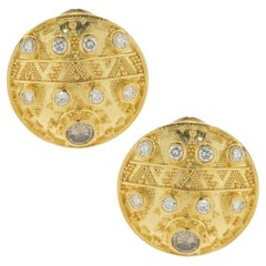 22 Karat Yellow Gold Bezel Set Chocolate and White Diamond Disc Earrings