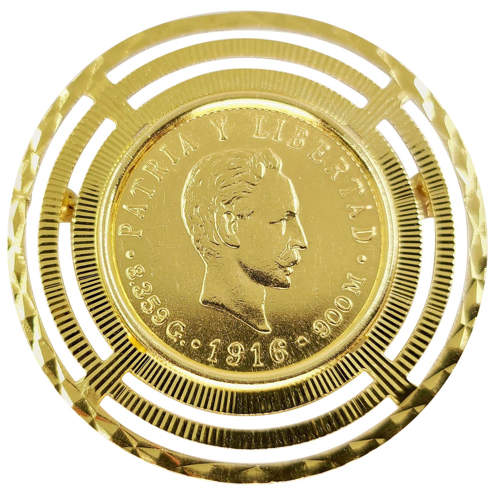 Épingle à pièce de monnaie cubaine Cinco Pesos en or jaune 22 carats