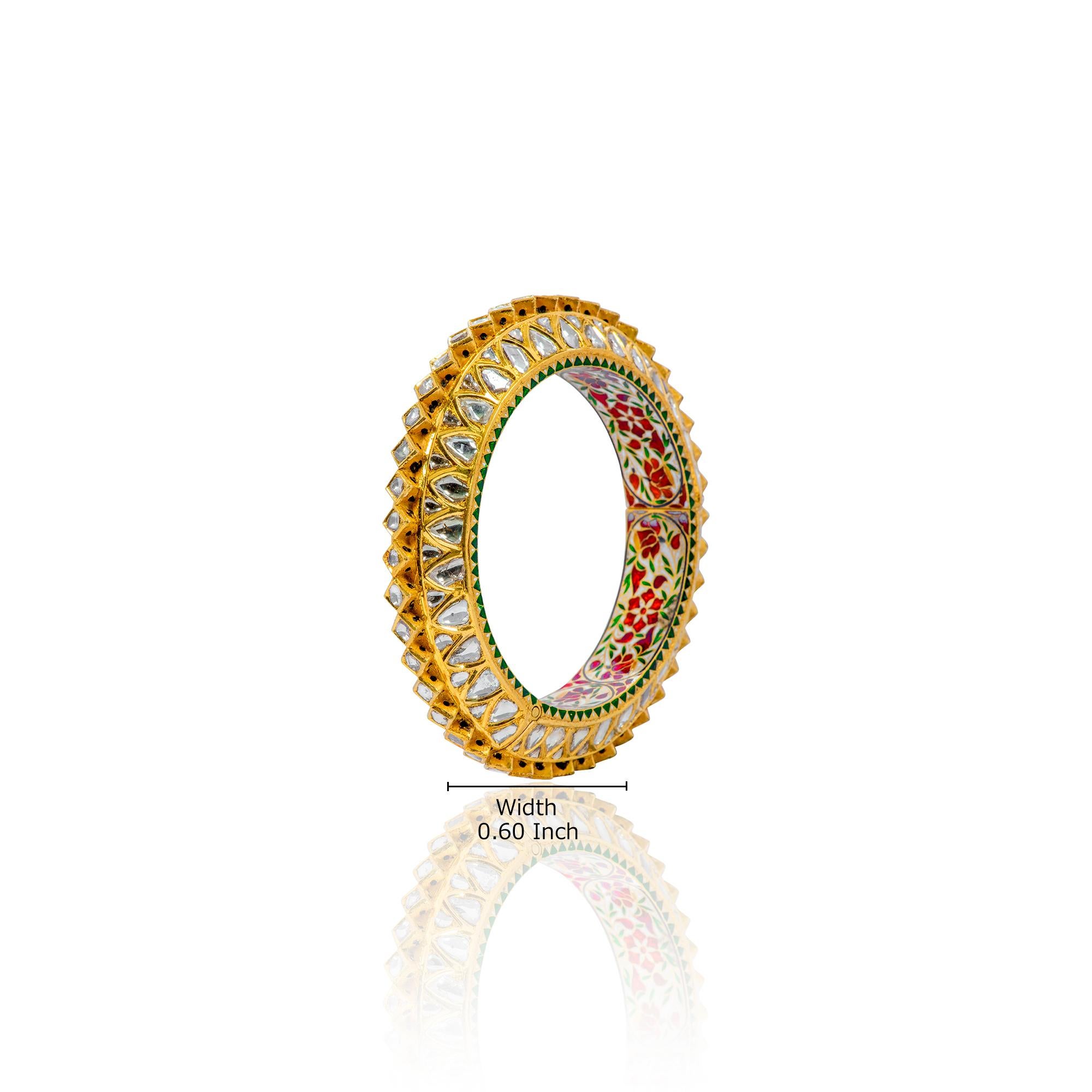Uncut 22 Karat Yellow Gold Diamond and Red Enamel Handcrafted Bangle For Sale